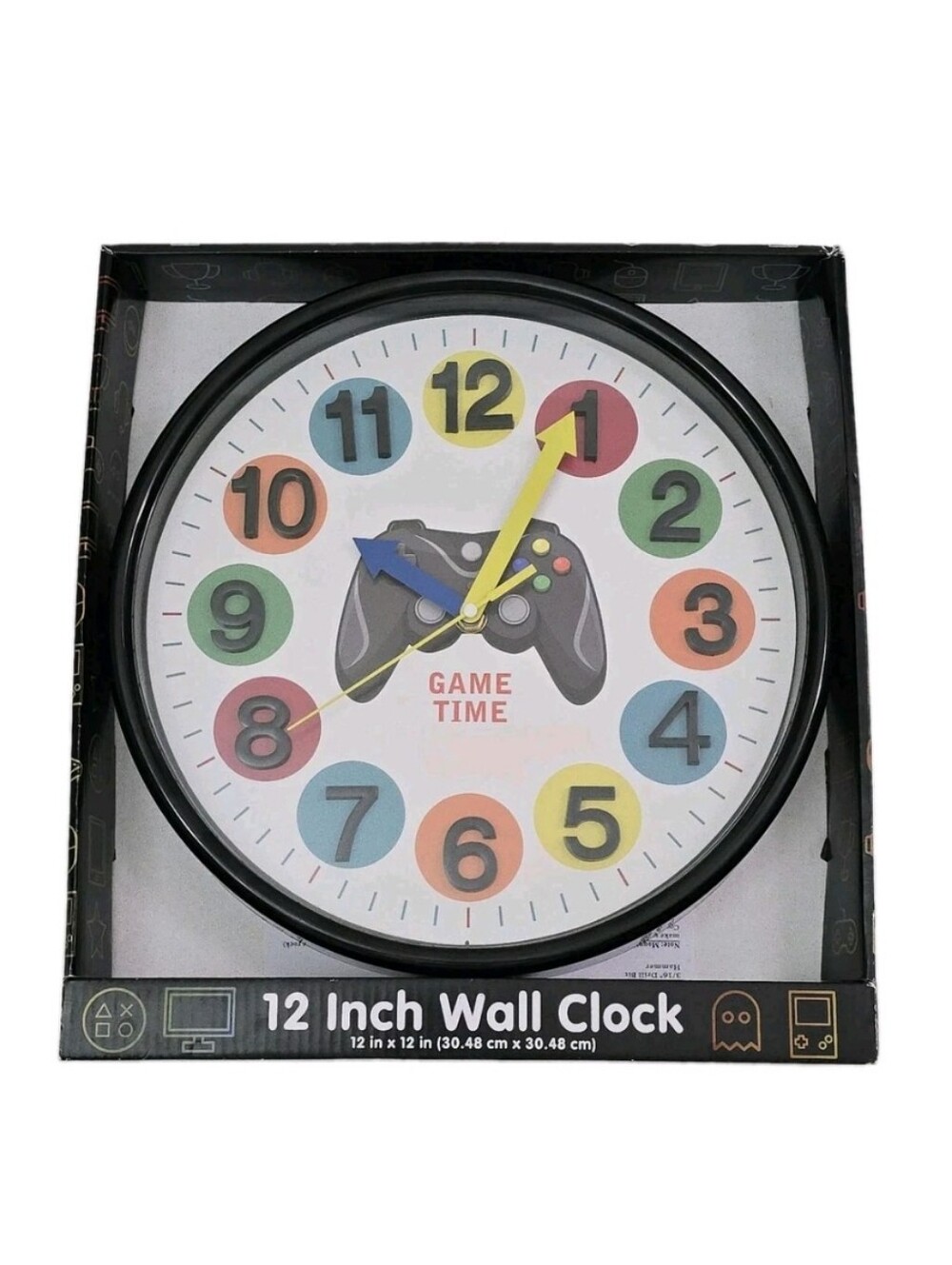 New Video Gamers Wall Clock Analog 12" Round Black Colorful Game Time Man Cave